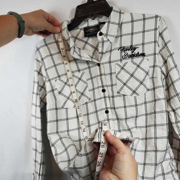 Vintage Harley Davidson Embroidered Lng Slv Collared Button Up Blk Wht Plaid M - Picture 12 of 13